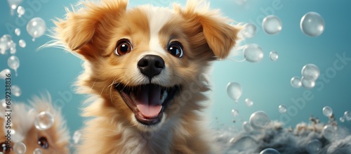 3d cartoon happy puppy indoor with sky blue background photo