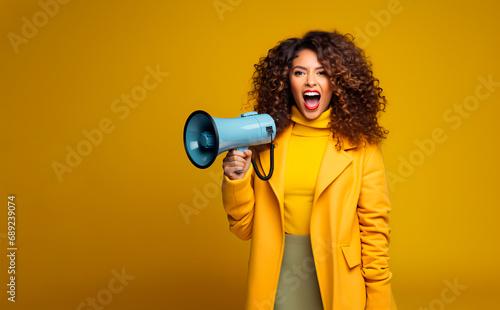 African-American woman dressed in yellow on a yellow background holding a megaphone with a positive attitude
