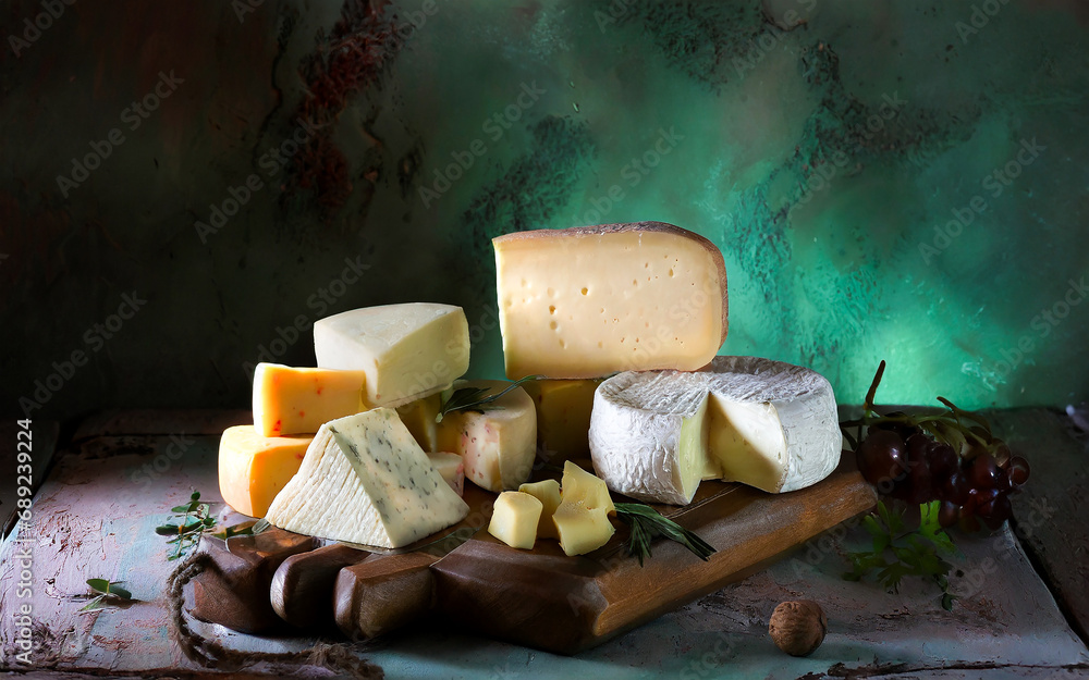 Fototapeta premium Cheese board with different types of cheese on a rustic background