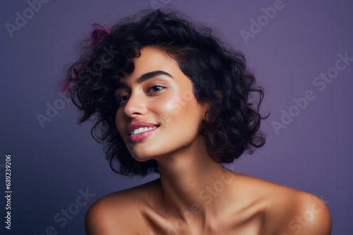 Portrait of a young pretty curly girl with a bob