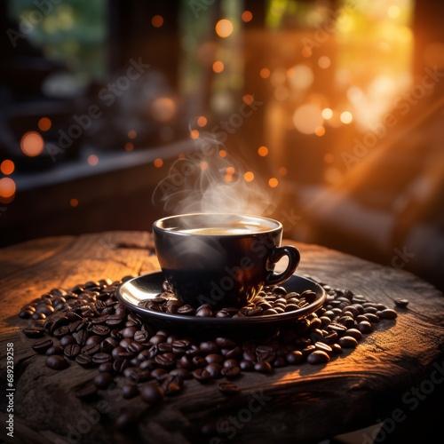 A Refreshing Cup of Steaming Hot Coffee on a Rustic Wooden Table. A cup of coffee sitting on top of a wooden table.