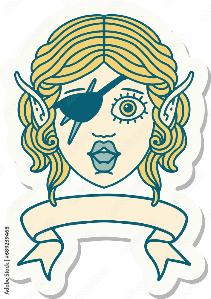 sticker of a elf rogue character face with banner sticker of a elf rogue character face with banner