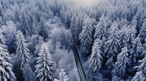 Aerial view of snowy forest with a road