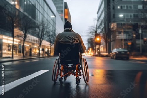 A disabled person in a wheelchair crossing street road at night. blurry cars