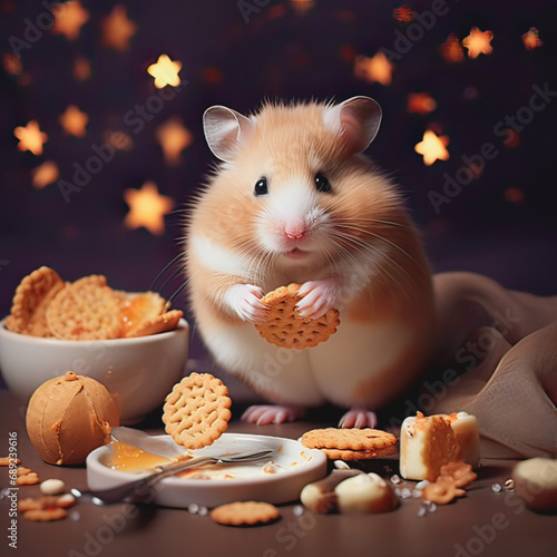 A red-haired hamster eats liver photo