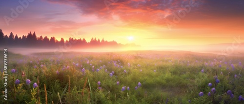 Sunrise background of foggy meadows, flowers. Nature background. Flower background.