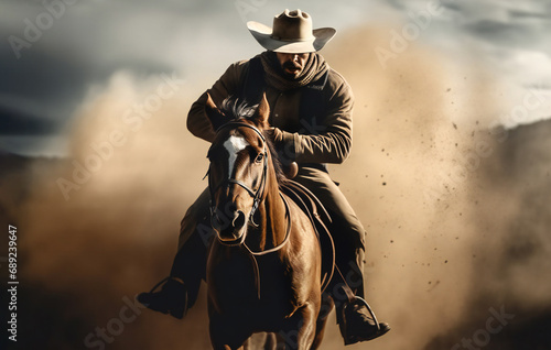 cowboy riding a horse at speed. Cowboy Galloping on horse Under Rain Clouds © kilimanjaro 