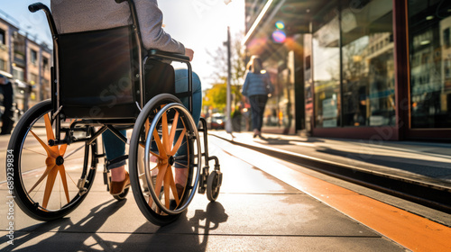 Person in a manual wheelchair waiting at a public transport stop, highlighting urban accessibility and the integration of disability-friendly features in public transportation.