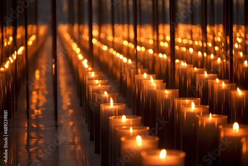 Rows of memorial candles lit in remembrance - serving as a solemn tribute in a reflective and commemorative setting - symbolizing respect and memory. photo