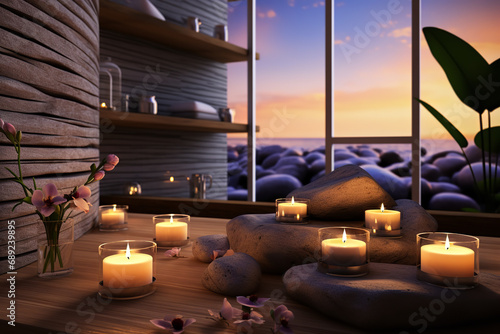 A spa room equipped with candles and hot stones - providing relaxation therapy in a soothing environment - perfect for a wellness retreat and calming effect.