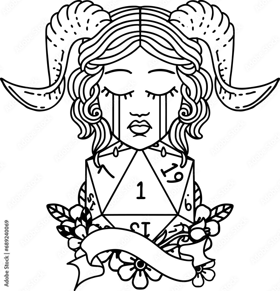 Fototapeta premium Black and White Tattoo linework Style crying tiefling with natural one D20 roll