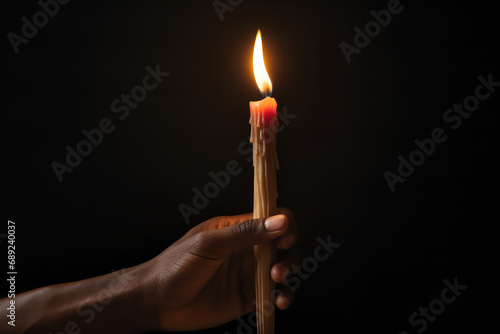 A hand holding a lit taper candle - symbolizing hope and guidance - with a gentle flame casting subtle light in darkness - embodying a concept of guiding light. photo