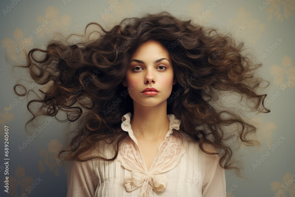 Fototapeta premium Portrait of a young curly brunette girl with perfect skin