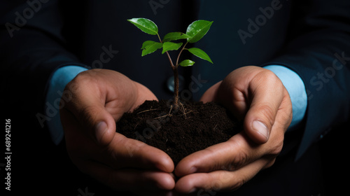 Businessman holding a small plant with soil, symbolizing care and growth.
