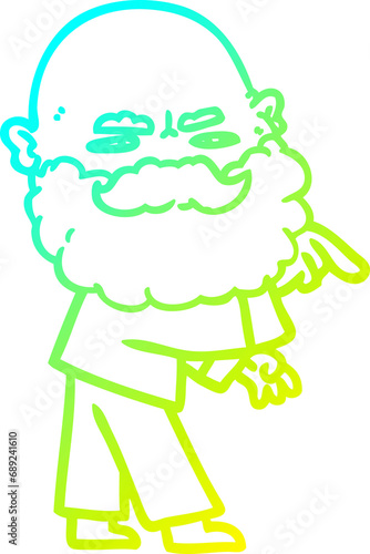 cold gradient line drawing of a cartoon man with beard frowning and pointing