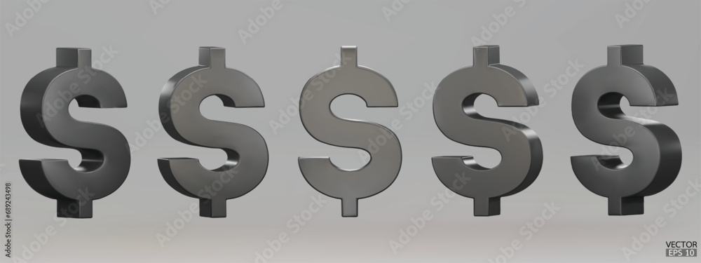 Set of black US dollar currency symbol isolated on gray background. Black dollar sign. 3D signs money currency sign. 3D vector Illustration. Set of black US dollar currency symbol isolated on gray background. Black dollar sign. 3D signs money currency sign. 3D vector Illustration.