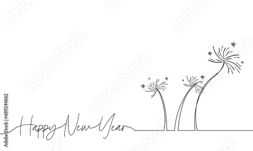 Happy new year with Firework continuous line. Vector illustration and simple design.