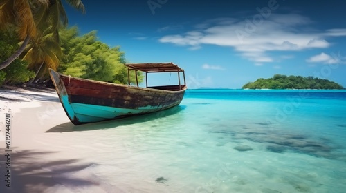 Caribbean sea and boat on the shore of an exotic tropical island.