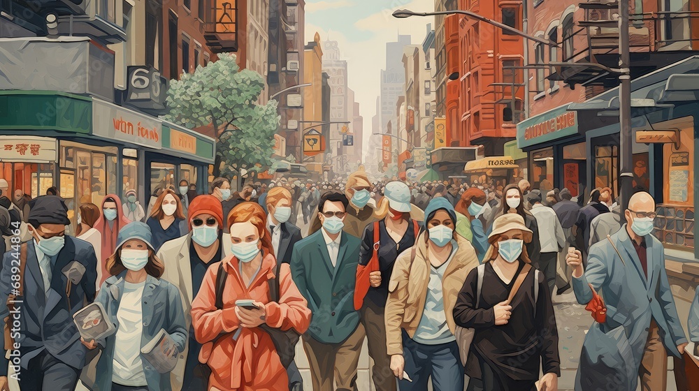 A crowded city street, people in various masks