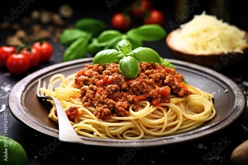 Italian pasta bolognese. pasta and tomato sauce and fresh herbs. spaghetti served on a black plate
