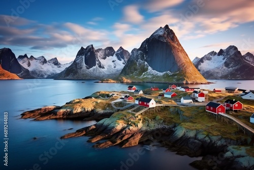 winter fishing village at sunset. View on the house in the Hamnoy village, Lofoten Islands