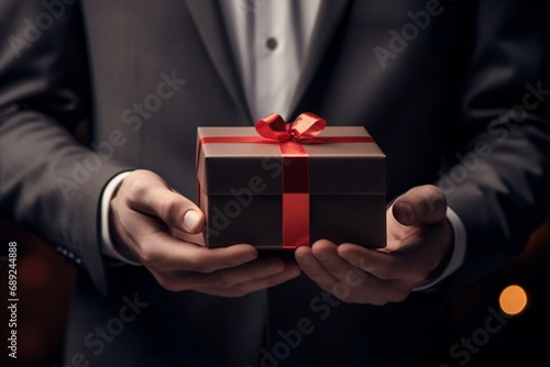 A man holds a gift box with a bow for valentines day. A business man holds a gift box in his hands.