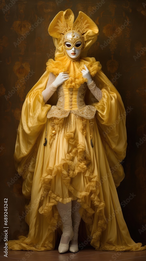 A woman in a yellow carnival mask and a fancy dress