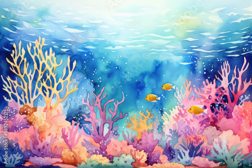 Ocean background nature tropical illustration water sea fish coral underwater reef cartoon blue © VICHIZH