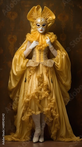 A woman in a yellow carnival mask and a fancy dress
