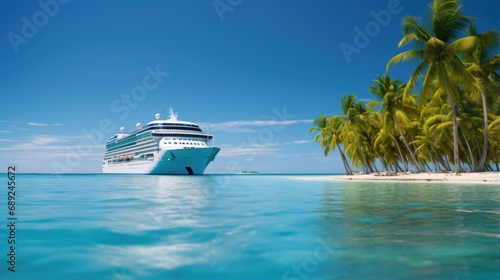 A cruise ship on a calm sea surface on a sunny day near a tropical island with palm trees. Natural background. Modern screen design.  Illustration for cover, card, postcard, interior design, brochure.