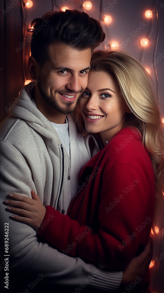 Smiling Couple Embracing in Warm Festive Lights at Valentine's day Smiling Couple Embracing in Warm Festive Lights at Valentine's day