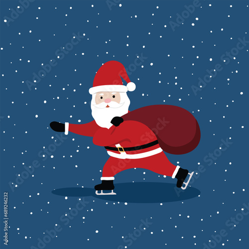 Happy Cute Santa Claus is carrying the gift sack and ice skating on snowy background. Flat vector illustration in cartoon style. Character for Christmas and Happy new year concept.