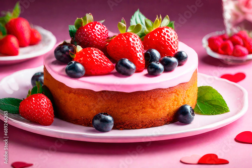 Birthday greeting card or Valentine's day. Delicious heart shaped cake with fresh berries.