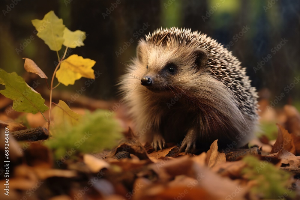 Hedgehog walks through the autumn forest. hedgehog in the grass. hedgehogs stand on brown dry leaves Hedgehog walks through the autumn forest. hedgehog in the grass. hedgehogs stand on brown dry leaves
