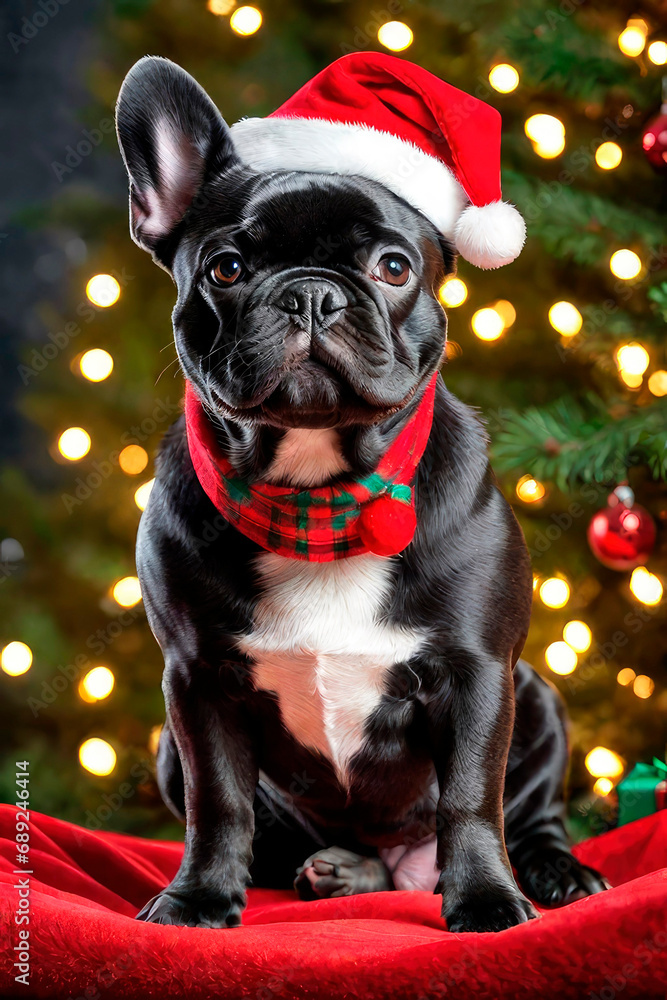 New Year's happiness pets. Black French Bulldog dog wearing a santa hat near the Christmas tree.