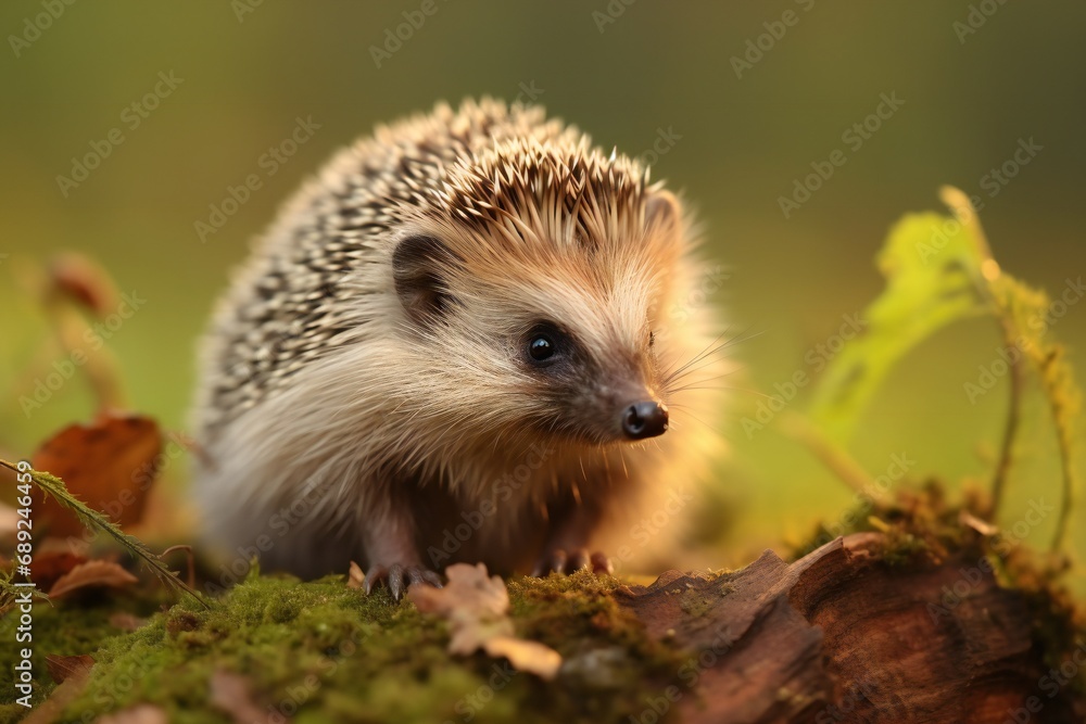 Fototapeta premium Hedgehog walks through the autumn forest. hedgehog in the grass. hedgehogs stand on brown dry leaves