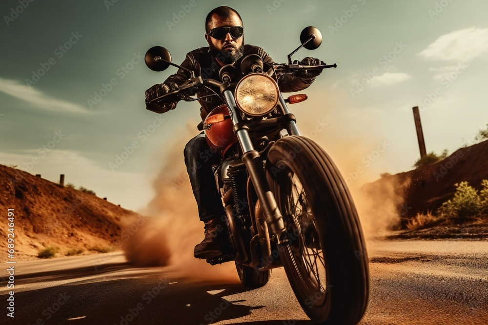 Obraz premium a man rides a motorcycle on the road. Biker on a fast motorcycle. motorcyclist on a motorcycle