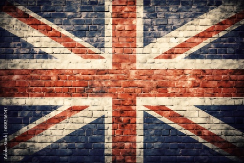 British Union flag on a brick wall with grunge old brick texture. national flag of great britain
