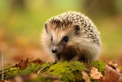Hedgehog walks through the autumn forest. hedgehog in the grass. hedgehogs stand on brown dry leaves