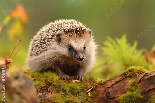 Hedgehog walks through the autumn forest. hedgehog in the grass. hedgehogs stand on brown dry leaves