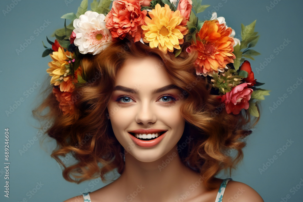 portrait of a beautiful young woman wearing a flower crown. girl in a flower wreath