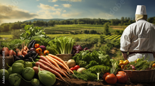 An array of fresh, organic vegetables lying on the soil with farmer and his field at the background photo