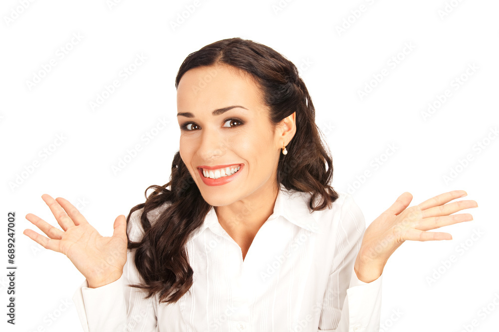 WOW! Portrait photo - excited smiling positive business woman, isolated over white background. Happy gesturing cheerful smiley brunette woman. Dental care ad concept. WOW! Portrait photo - excited smiling positive business woman, isolated over white background. Happy gesturing cheerful smiley brunette woman. Dental care ad concept.