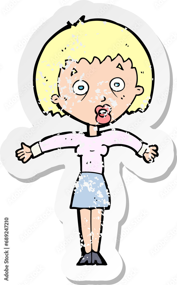 retro distressed sticker of a cartoon woman shrugging shoulders retro distressed sticker of a cartoon woman shrugging shoulders
