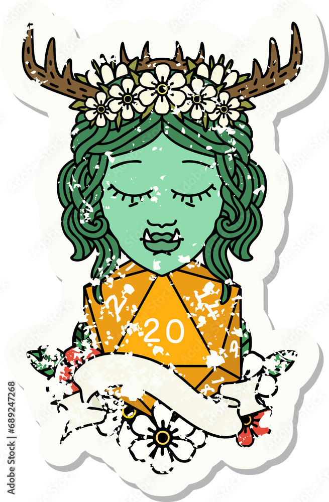 grunge sticker of a half orc druid character with natural 20 dice roll grunge sticker of a half orc druid character with natural 20 dice roll