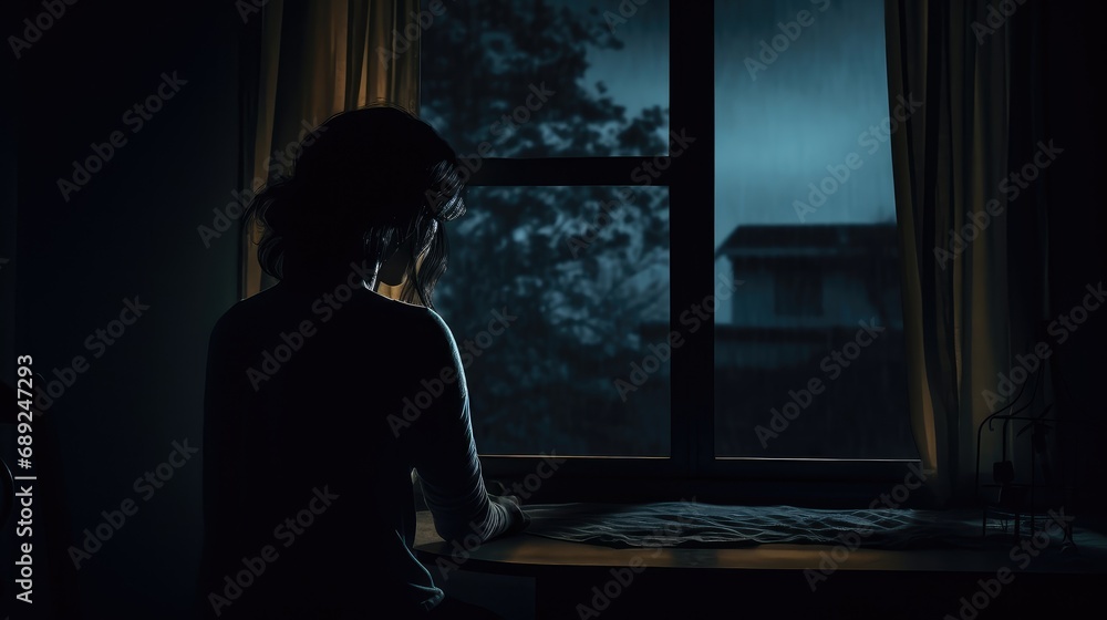  A woman alone in a dark room staring out the window