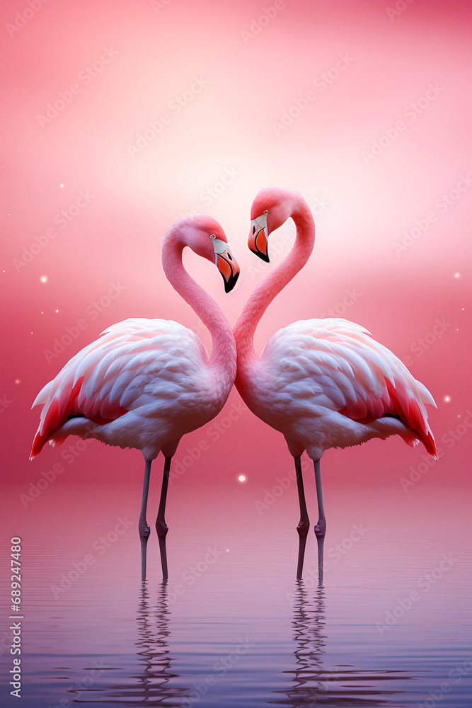 Obraz premium Two graceful and beautiful flamingos as a symbol of love on Valentine's Day.