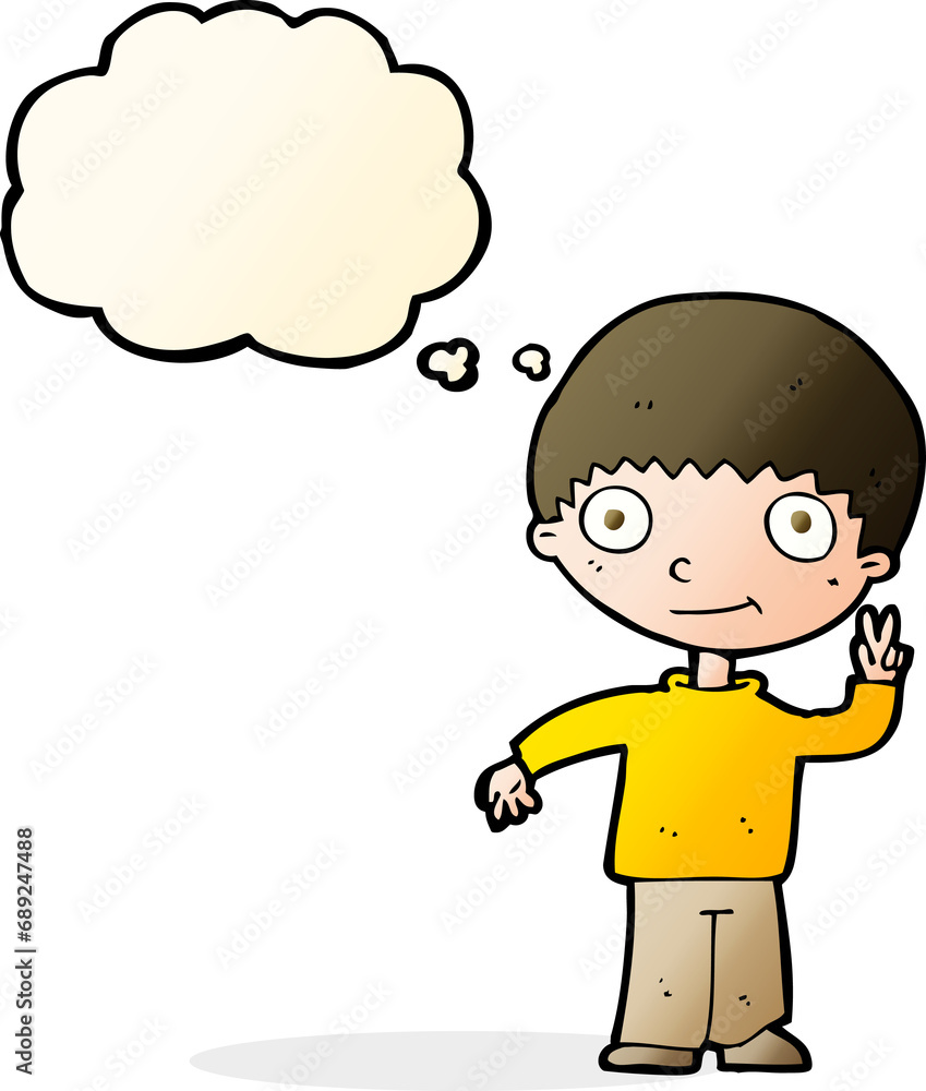cartoon boy giving peace sign with thought bubble cartoon boy giving peace sign with thought bubble