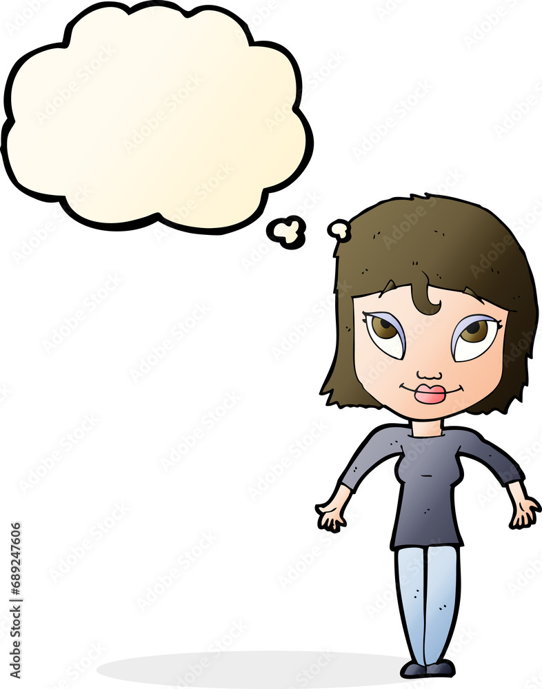 cartoon girl shrugging shoulders with thought bubble