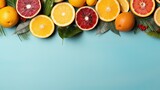 Background with tropical fruits oranges and grapefruits slices fruits flat lay
